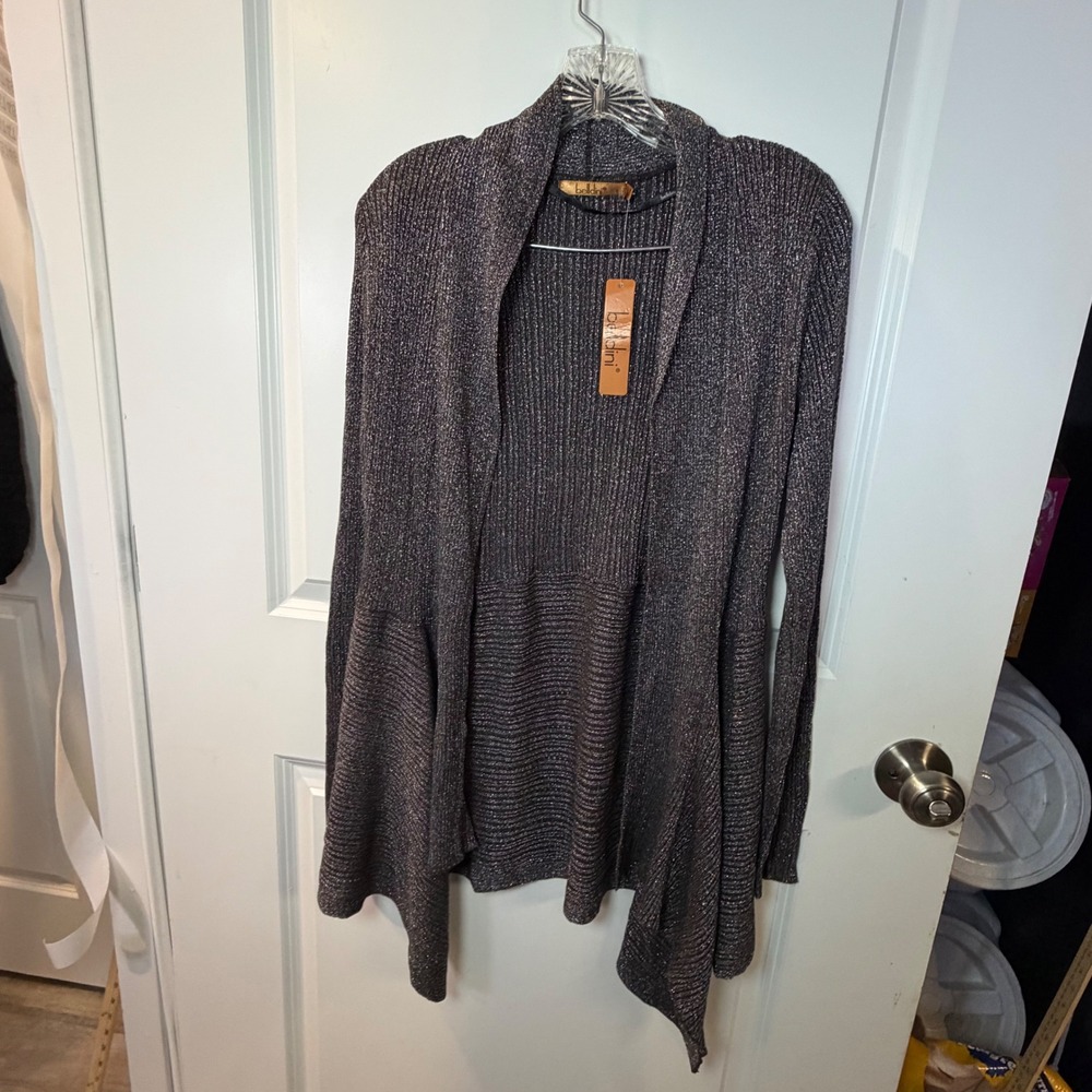 Belldini‎ Womens Open Front Metallic Ribbed Knit Cardigan NWT Silver Large